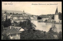 AK Solothurn, Stadtansicht an der Aare mit Brücke und Kircht