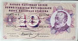 10 Schweizer Franken Note, 1970, Serie 64T, Top Zustand