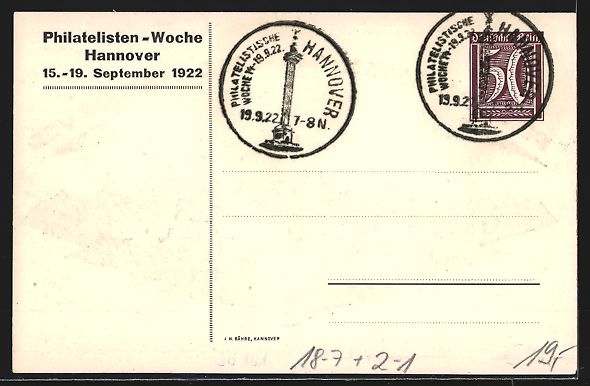 Cancelleria postale: Hannover, Philatelisten-Woche 1922, Stad – Usato da Berlin venduto da bartko-reher 1