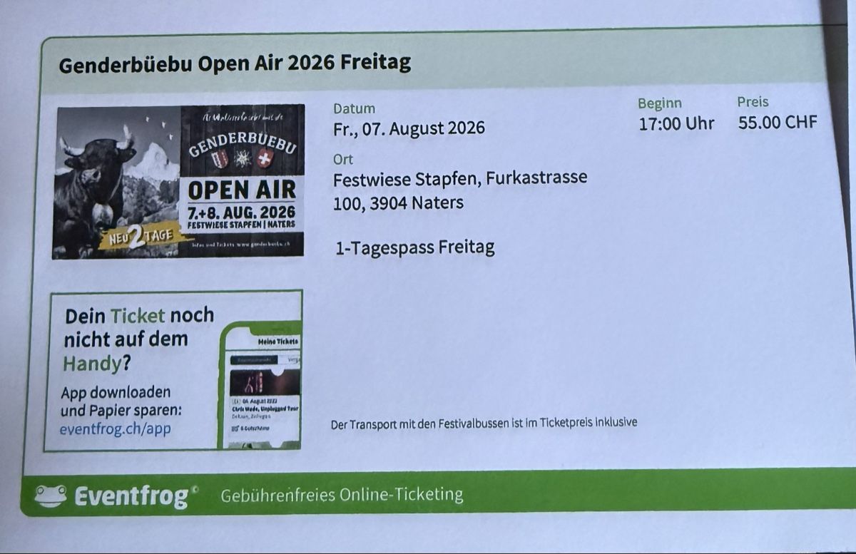 Biglietti: Genderbüebu Ticket für Freitag – Nuovo e nell'imballaggio originale da Frutigen venduto da jun_6f9k
