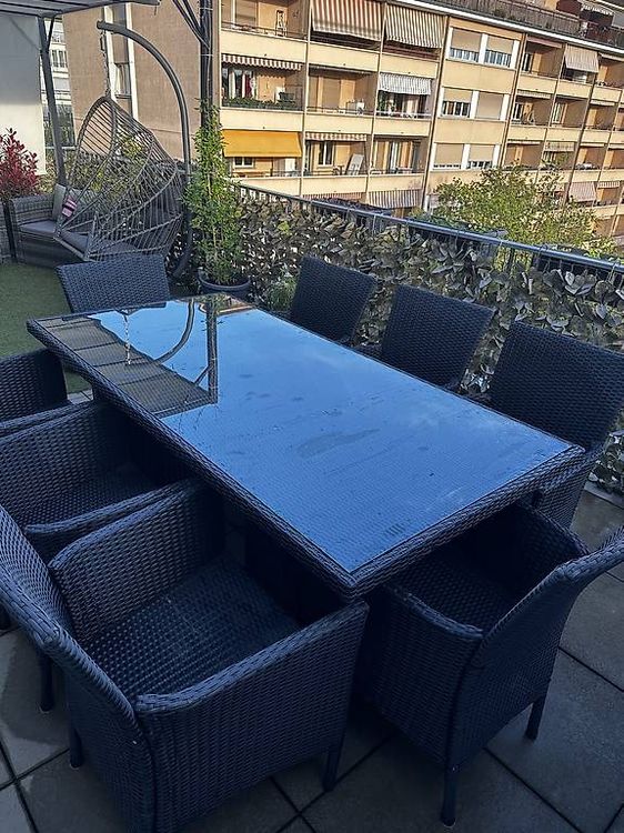 Table Jardin GYMAX 8 Personnes + Chaises | Bois Acacia & Rotin | Brun