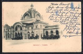 AK Luzern, Bahnhof mit Kutschen, 1898