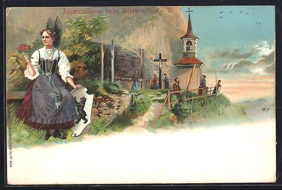 Cartoline postali: Litho Aescher-Wildkirchli, Appenzellerin – Usato da Berlin venduto da bartko-reher