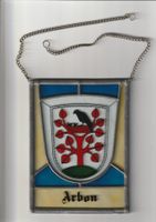 Wappenscheibe Arbon, Glasbild mit Metallrahmen