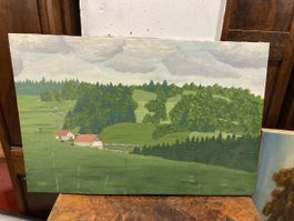 Tableau Paysage Campagne Suisse, peinture à l'huile 54x38