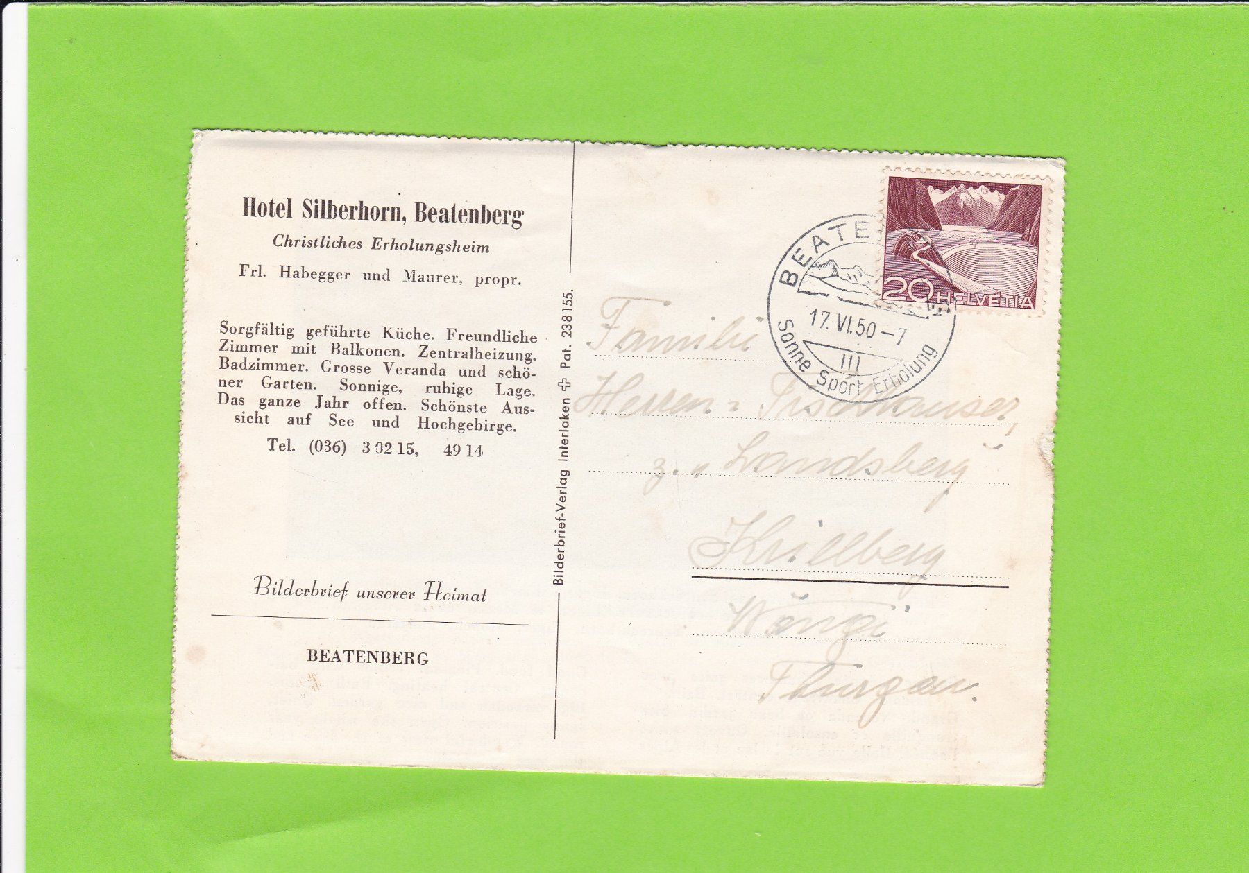 Cartoline postali: Bilderbrief: Hotel Silberhorn, Beatenberg – Usato da St. Peterzell venduto da neckertal 2