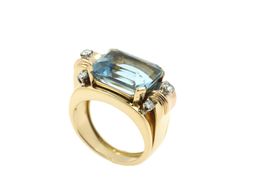 Massiver Vintage Aquamarin Brillant Ring 18K Gelbgold *S3997