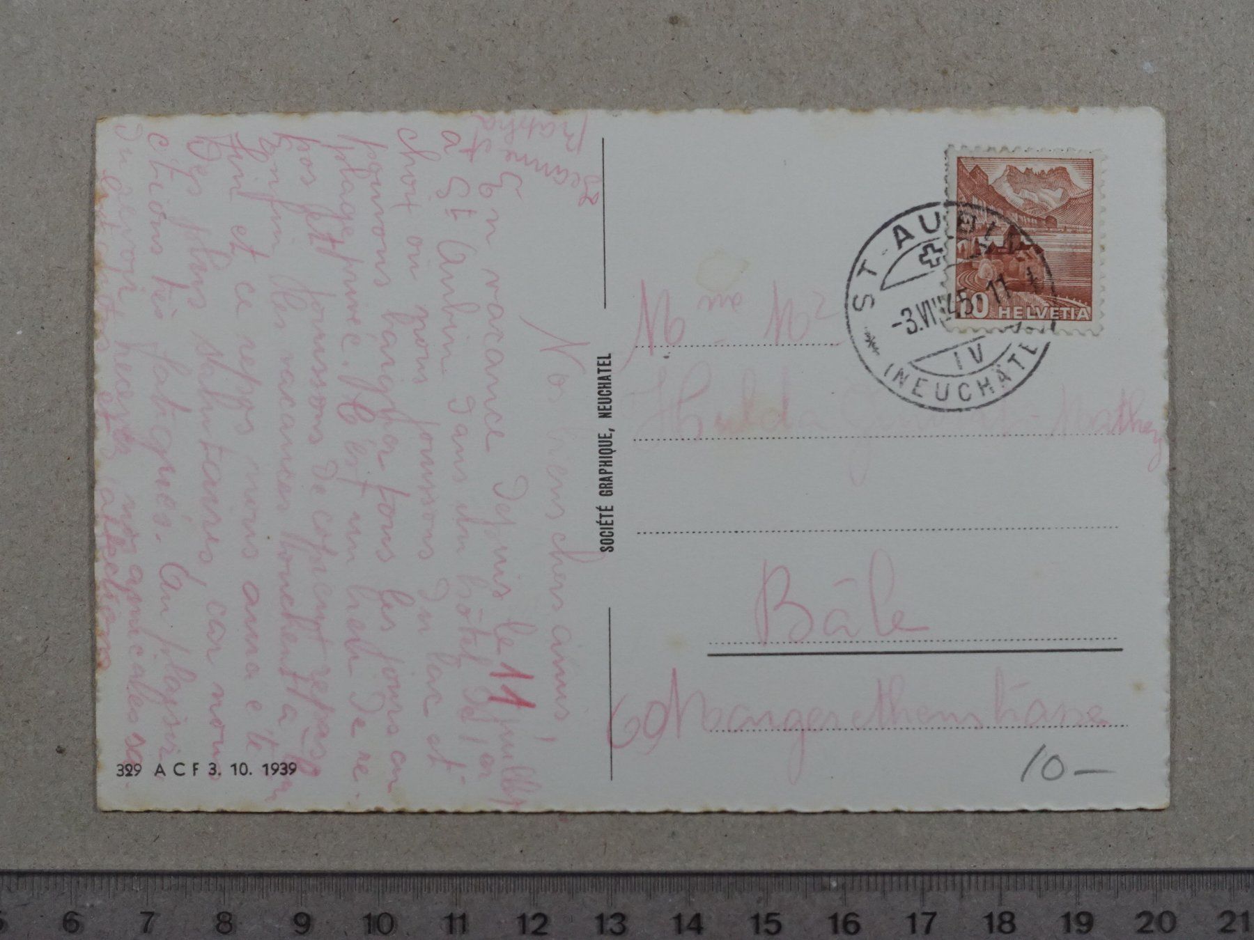 Cartoline postali: St-Aubin, 1945, – Usato da Lenzburg venduto da fh1 1