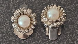 Ohrclips Kunstperlen & Strass-Steinchen Silberfarben Vintage