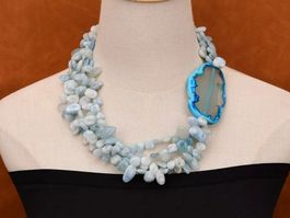 4 Strang Aquamarin Achat Edelsteinkette Collier Aigue-Marine