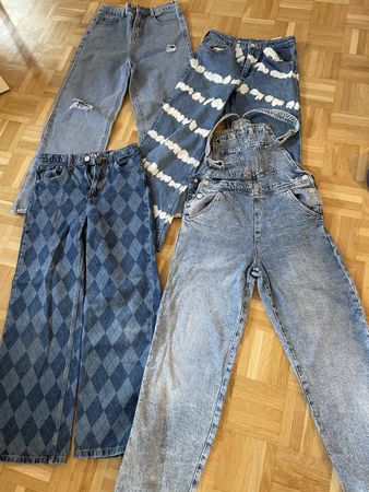 4 Jeans Hosen und Latzhose Set verschiedene Muster