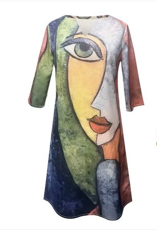 Abstract Face Print Kleid Casual V-Ausschnitt Gr. M 38