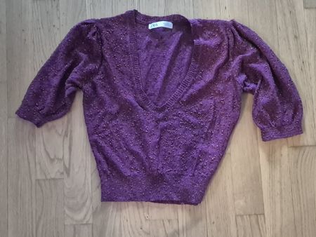 Zara Purple Textured V-Neck Puff Sleeve Top - Size M