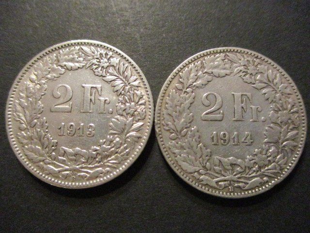 Tutti le monete: 2 x 2.- Fr 1913 + 1914 – Usato da Lovens venduto da Jelmi