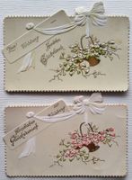 2x Glückwunschkarte geprägt, mit Blumenkorb, um 1900