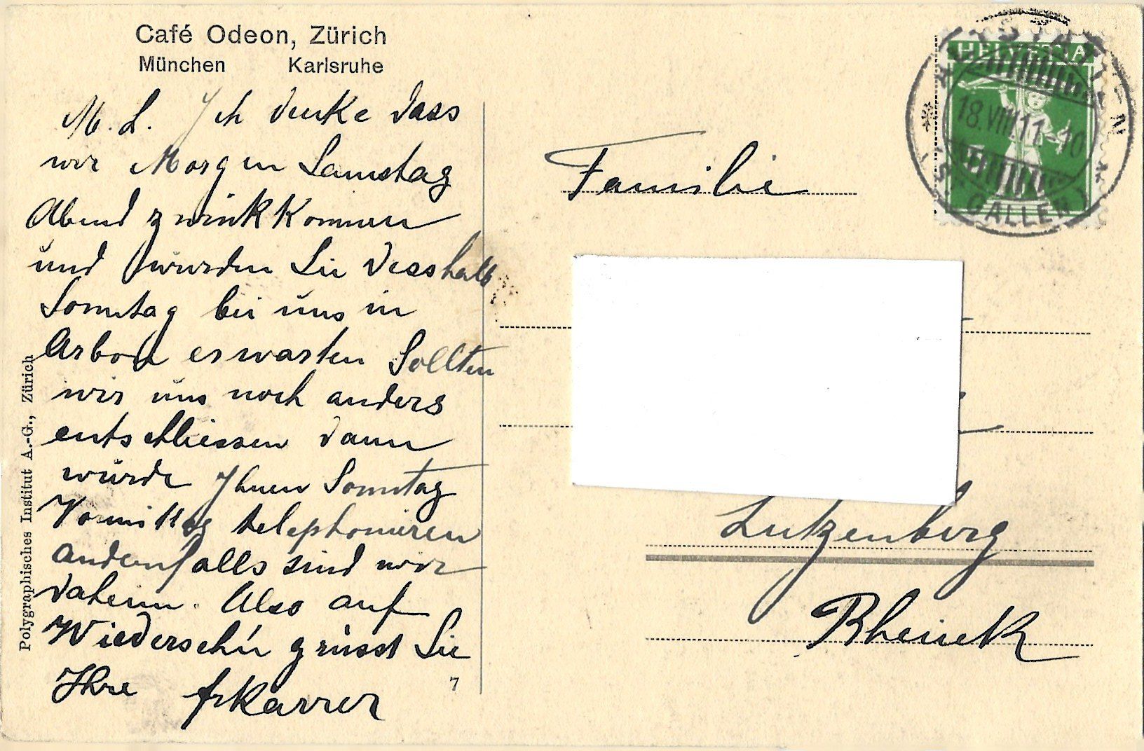 Cartoline postali: Café  Odeon,  Zürich    -    Billardsaal – Usato da Bütschwil venduto da Jackson1A 1