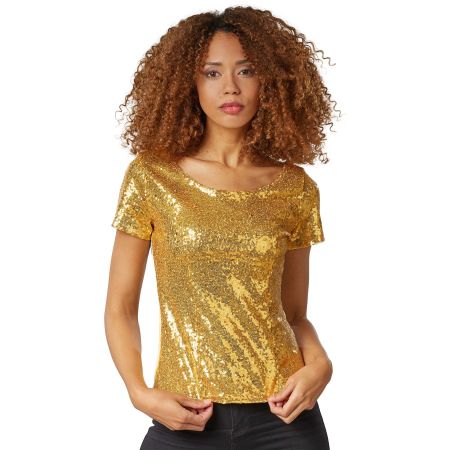 Pailletten-Kurzarm-Shirt - gold, L