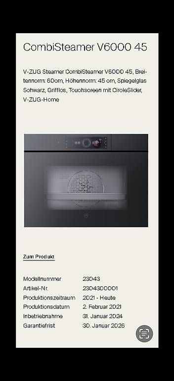 V-Zug Elettrodomestici da cucina: V-ZUG Backofen + Combi Steamer V6000 Grifflos – Usato da Magden venduto da 0007mich 2