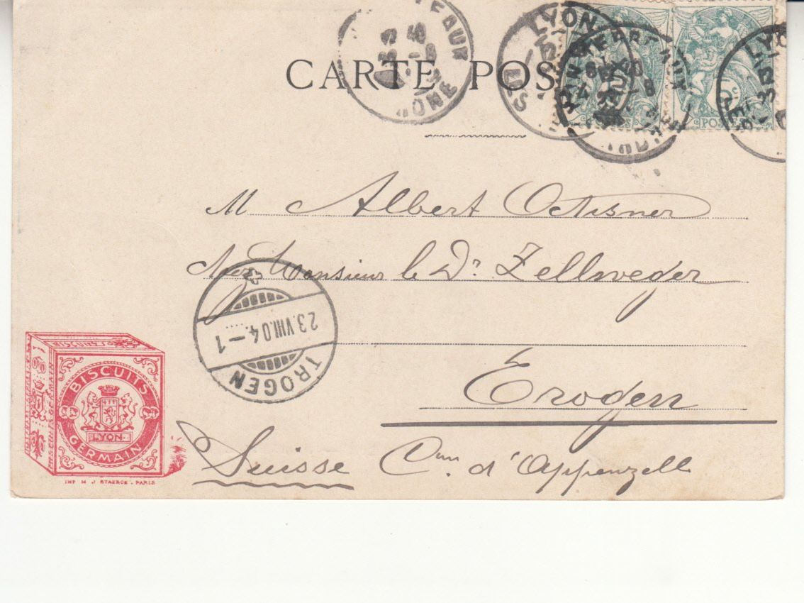 Cartoline postali: Genève 1904, mit Werbeeindruck Biscuits Germain – Usato da Bürglen TG venduto da StampGraf 1
