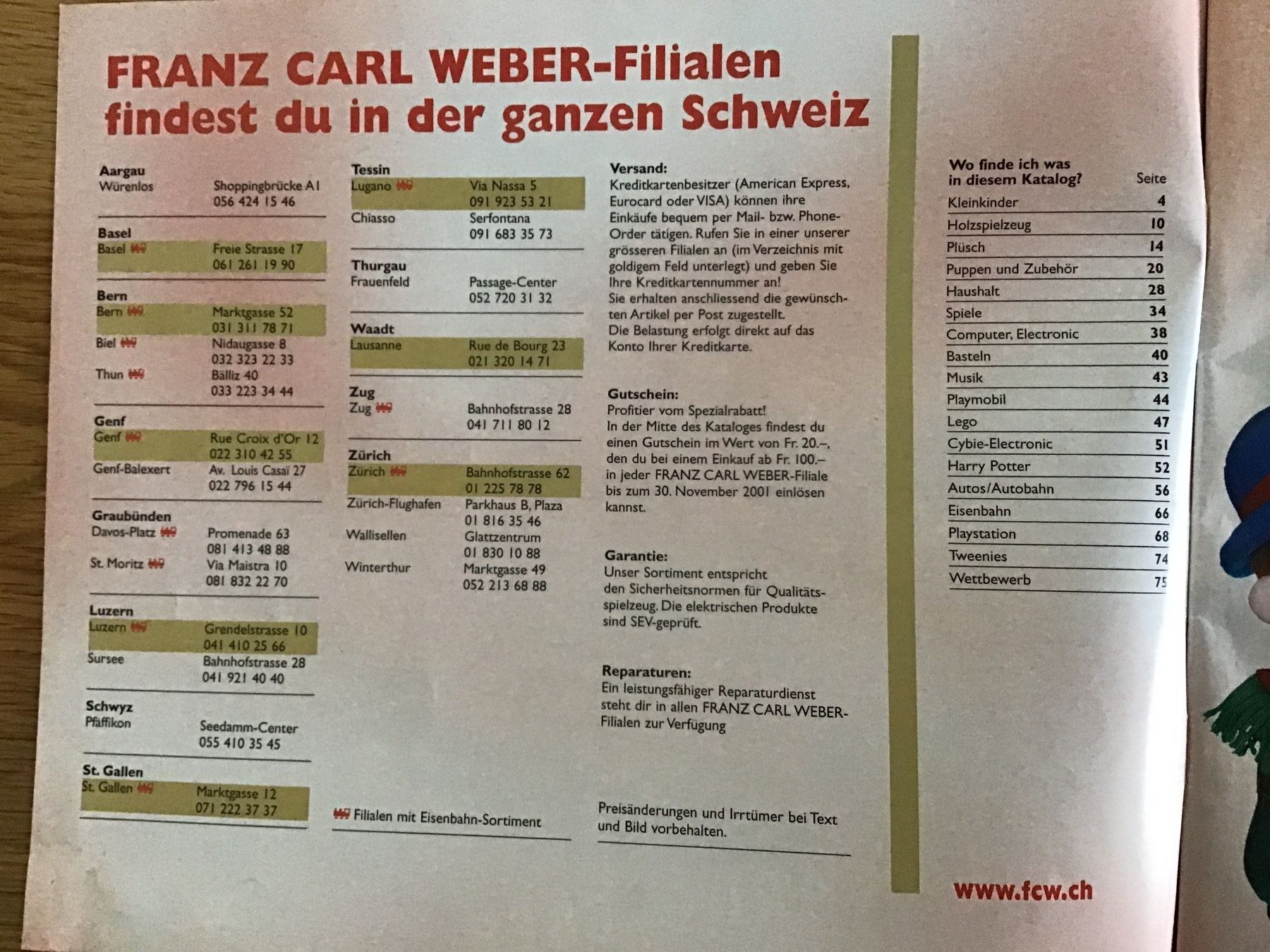 Franz Carl Weber Documenti: Franz Carl Weber Katalog 2001 76 Seiten – Usato da Scherzingen venduto da Starseller62 1