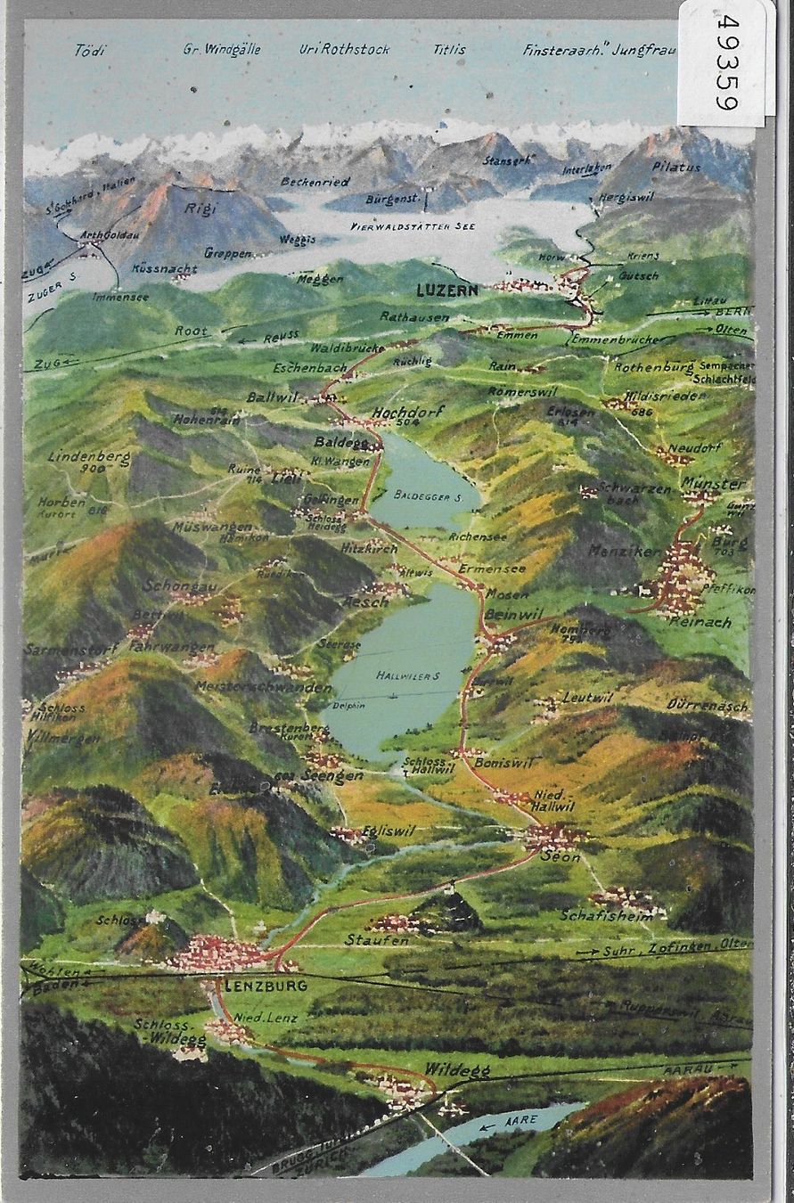 Cartoline postali: Panorama - Lenzburg Hallwilersee u. Baldeggersee – Usato da Ettingen venduto da Kartenplanet
