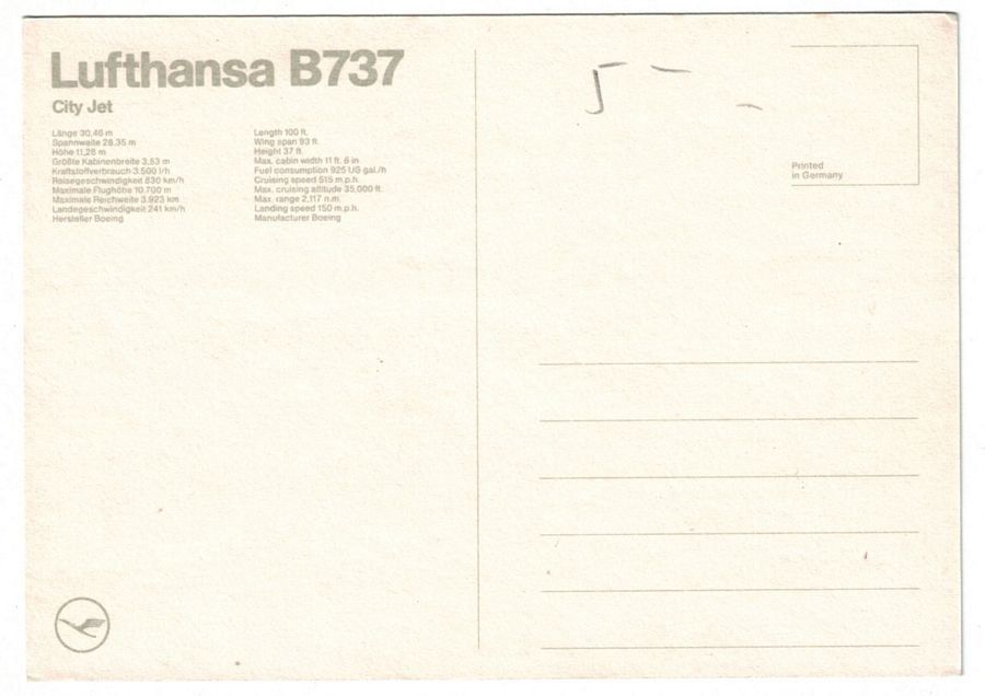 Cartoline postali: Boeing 737 City Jet Lufthansa – Usato da Frauenfeld venduto da POML 1