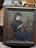 Ölgemälde Mädchen beim Stricken signiert A. Wolff 