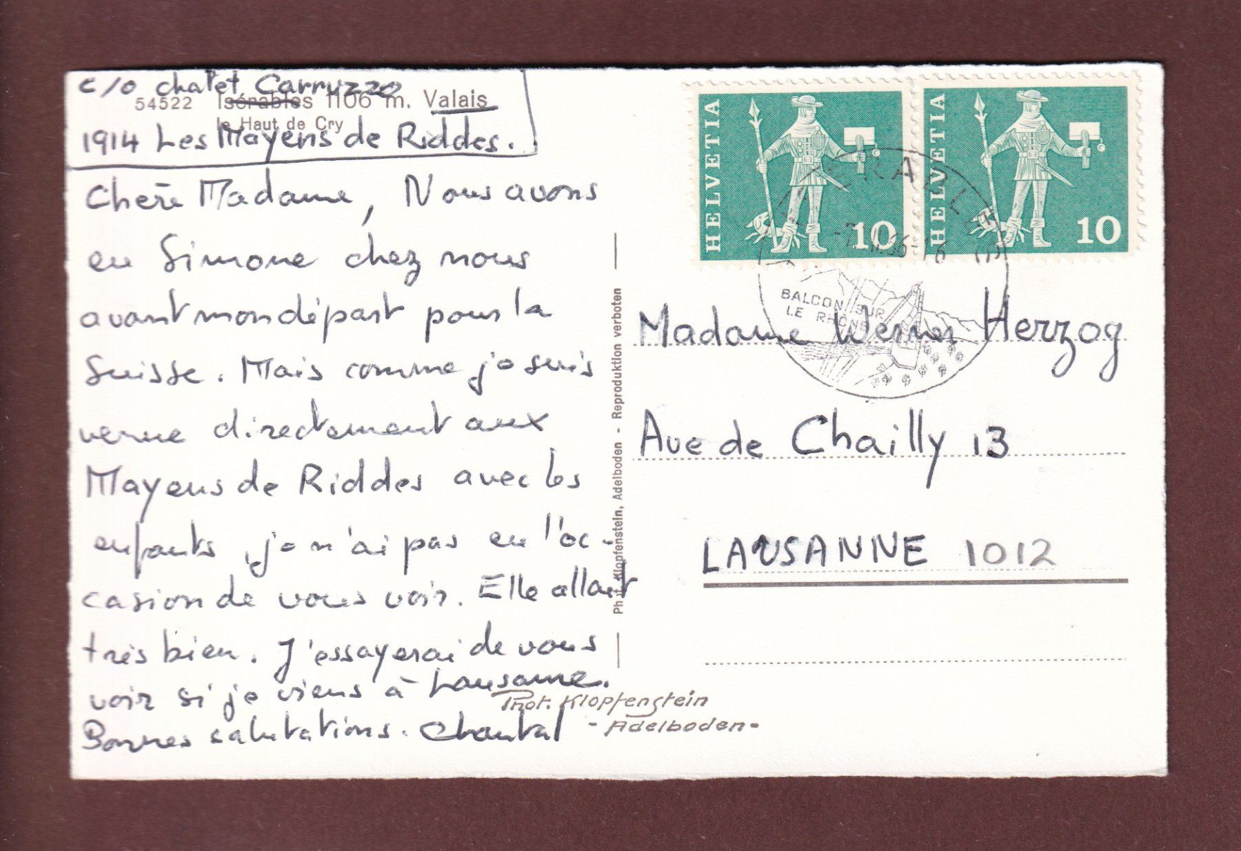 Cartoline postali: ISERABLES - Haut de Cry - 1966 – Usato da Pully venduto da nicecards 1