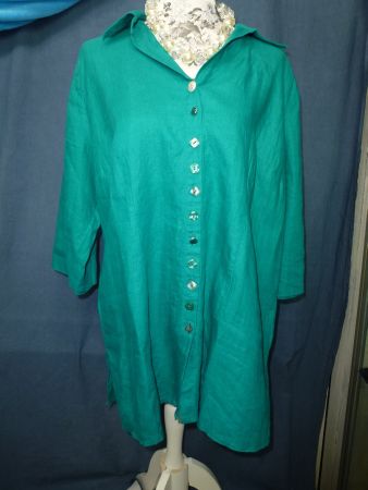 ULLA POPKEN BLUSE LONG LEINEN GR 44 GESCHLITZT 7/8 ARM GRÜN