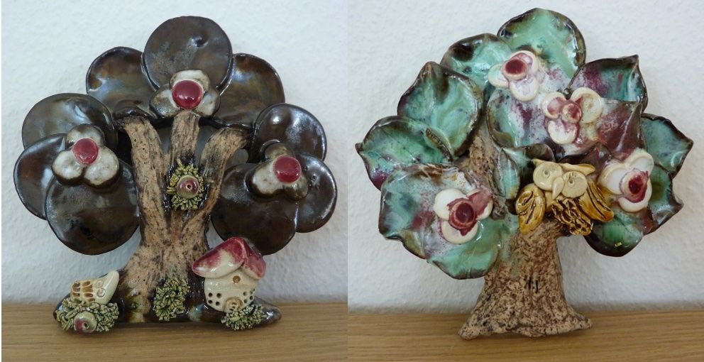 Tutte le decorazioni: 2 Keramikbilder Figurengruppen Baum Eule / Igel – Usato da Allschwil venduto da millefiori3