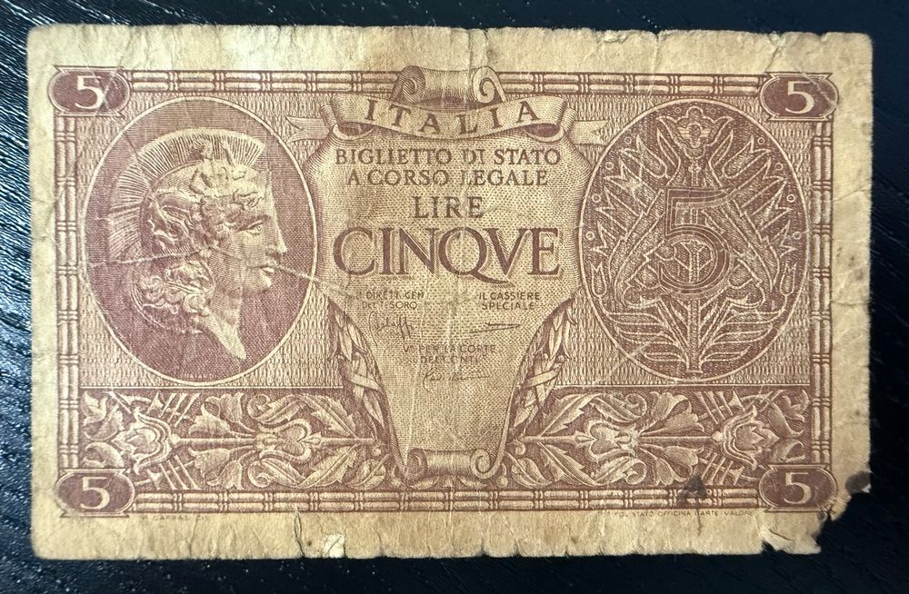 Banknote Italien 5 Lire 1944 (Gebraucht) in Opfikon für CHF 1 – mit ...