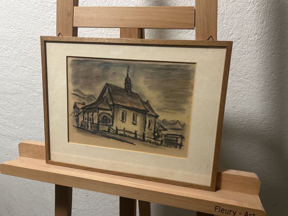 Dipinti: Originale Bleistiftzeichnung "Kirche" gerahmt, vintage! – Usato da Glarus venduto da KunstWerkEr-LS87 2
