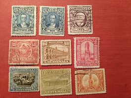 Antike Guatemala Briefmarken, 9 Stück, diverse Jahrgänge,