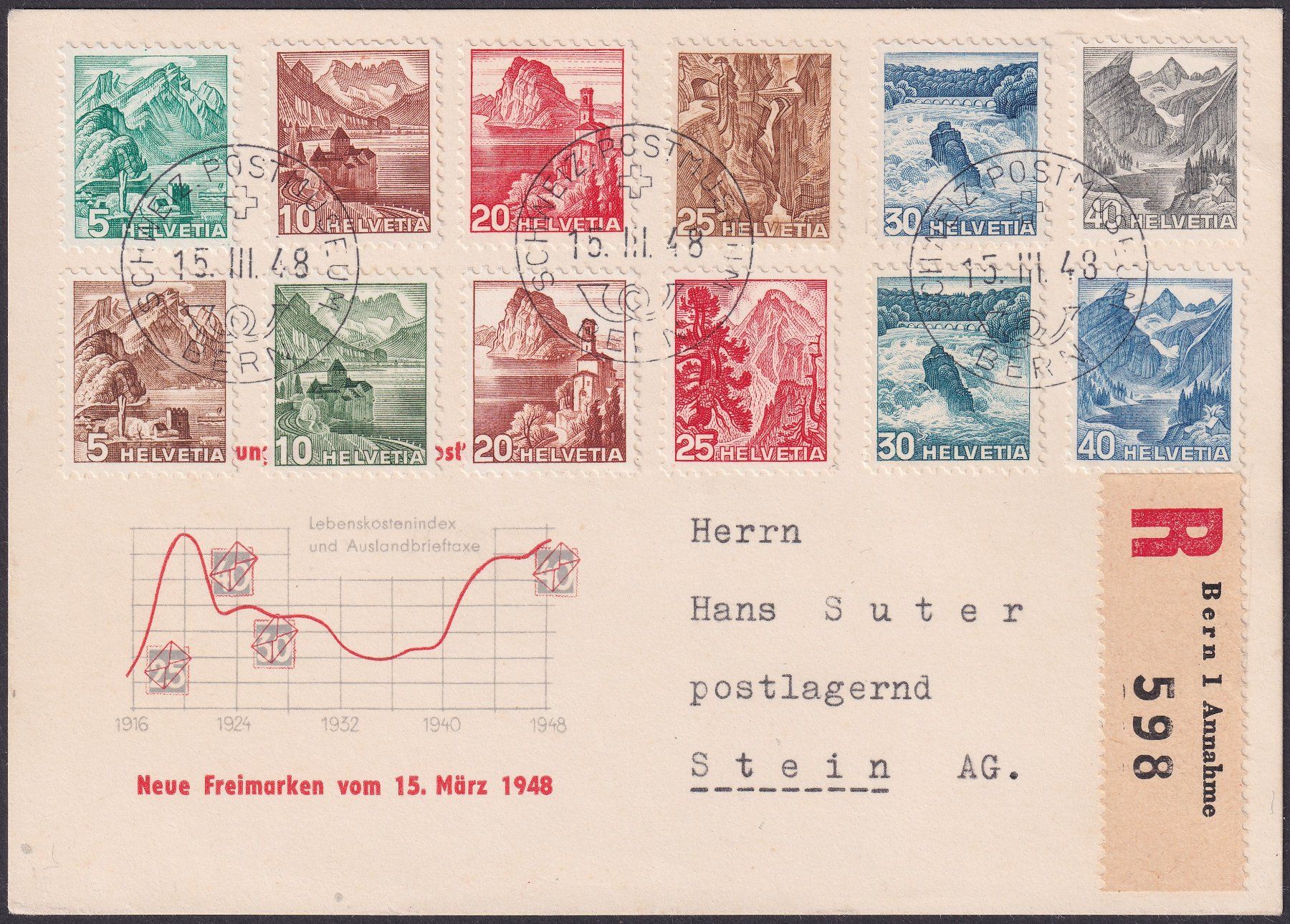 Alle Briefmarken: 1948, einmaliger FDC mit Landschaftsbilder, LP! – Gebraucht aus Sursee von Luzernerraute