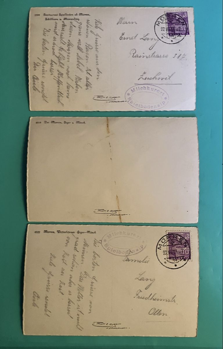 Cartoline postali: 3 Ansichtskarten Mürren, Eiger Mönch Jungfrau – Usato da Bauma venduto da Baumer71 1