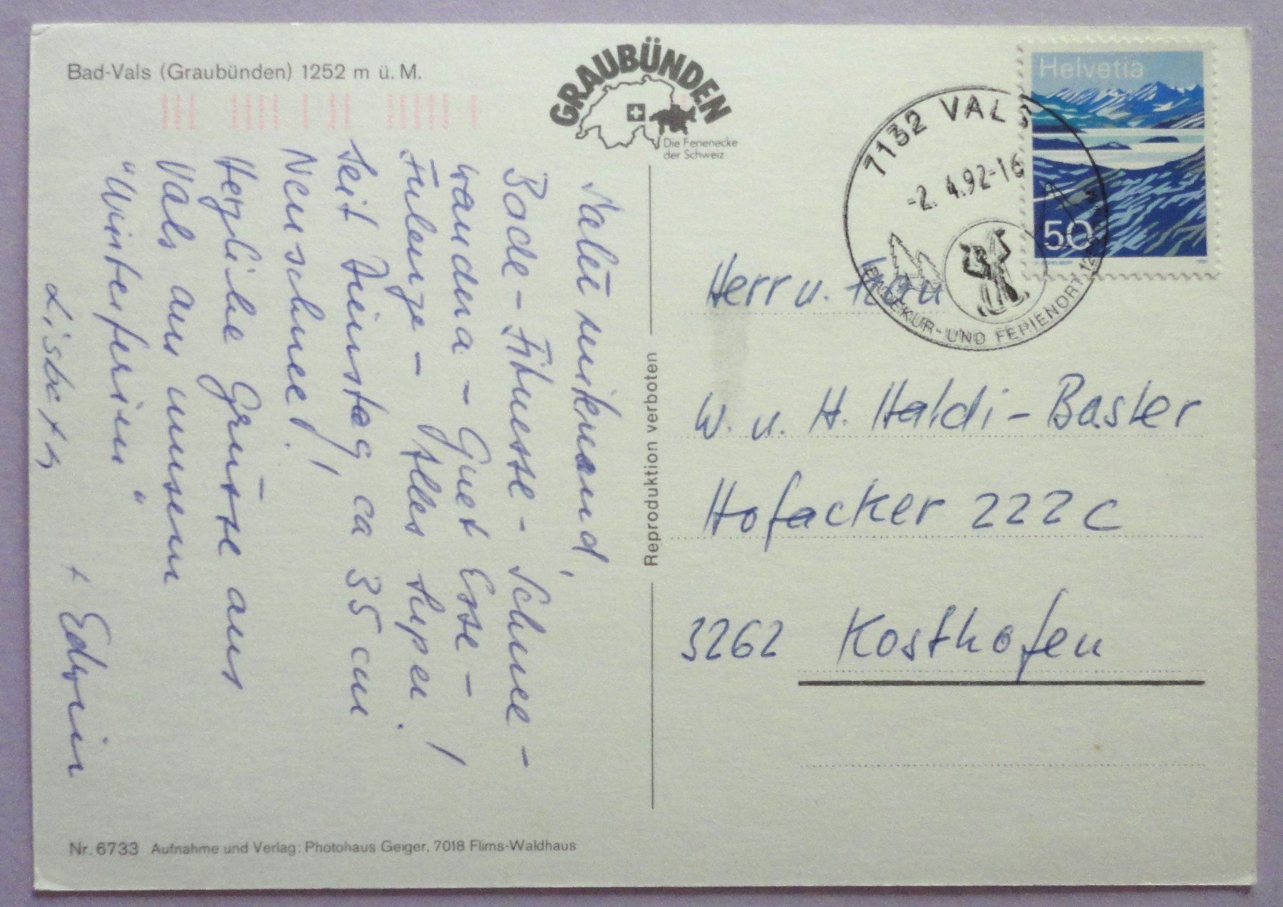 Cartoline postali: Bad-Vals (GR) 1252 m ü.M. – Difettoso da Fétigny venduto da Billy2miny 1