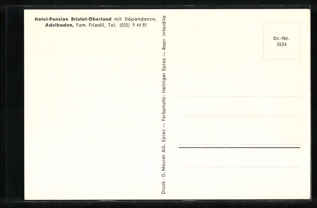 Cartoline postali: Adelboden, Hotel-Pension Bristol-Oberlan – Usato da Berlin venduto da bartko-reher 1