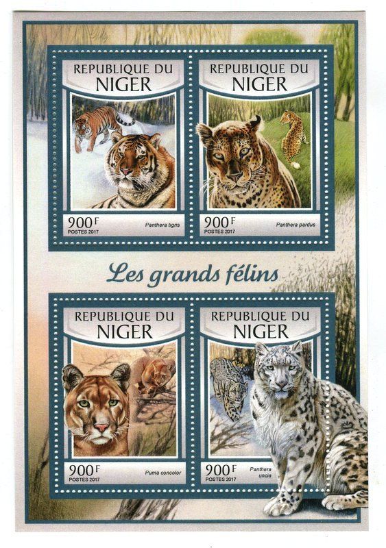Alle Briefmarken: Block "Tiger, Schneeleopard, Puma, Leopard". Niger – Neu und originalverpackt aus Basel von Butsch5