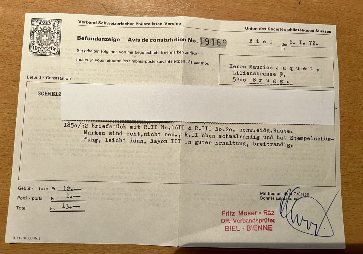 Tutti i francobolli: Briefstück mit Rayon ll und Rayon lll mit Befund – Usato da Hermetschwil - Staffeln venduto da Juergso 1