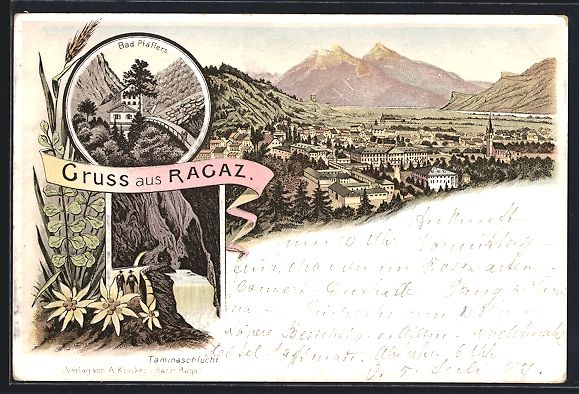 Cartoline postali: Litho Ragaz, Ortsansicht, Bad Pfäffers, – Usato da Berlin venduto da bartko-reher