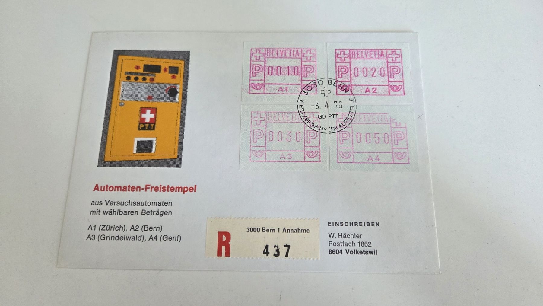 Tutti i francobolli: 1978 ATM Satzbrief A1- A4 mit Abart A4 – Usato da Arni AG venduto da Moth68