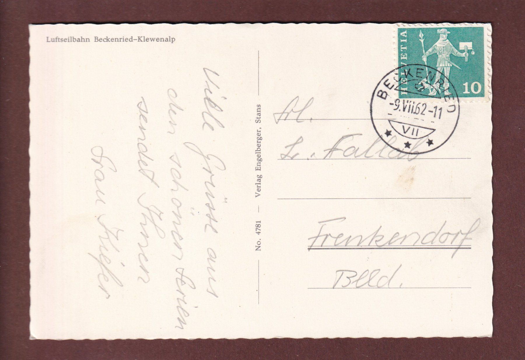 Cartoline postali: Luftseilbahn BECKENRIED-KLEWENALP - 1962 – Usato da Pully venduto da nicecards 1