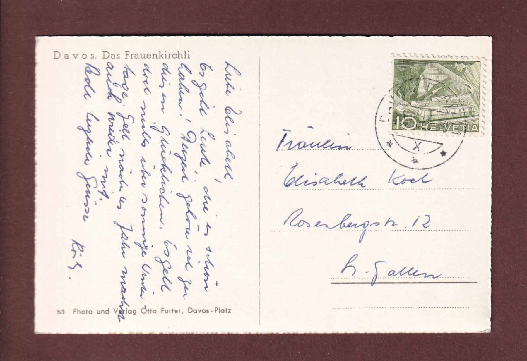 Cartoline postali: DAVOS - Frauenkirchli - 1955 – Usato da Pully venduto da nicecards 1