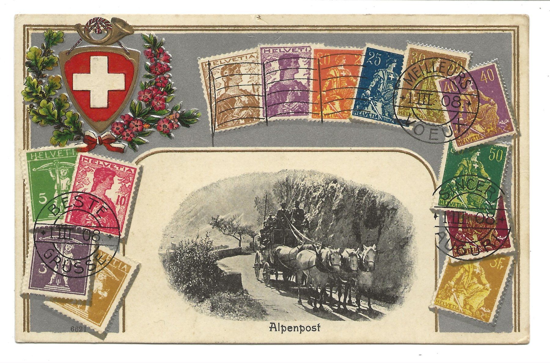 Cartoline postali: Alpenpost auf Grimsel Passtrasse - Postkutsche - Briefmarken – Usato da Engelburg venduto da Cartophil