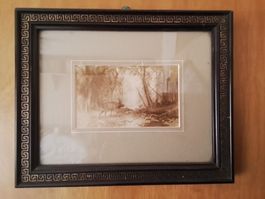 Kleines Bild, gerahmt 25x30cm, Waldszene mit Hirsch und Reh