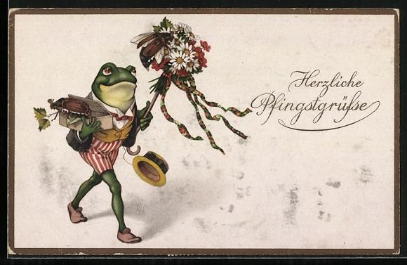 Cartoline postali: Frosch mit Blumenstrauss und Maikäfer i – Usato da Berlin venduto da bartko-reher