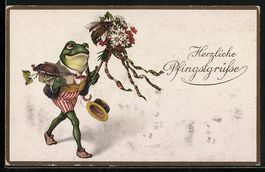 Frosch mit Blumenstrauss und Maikäfer i