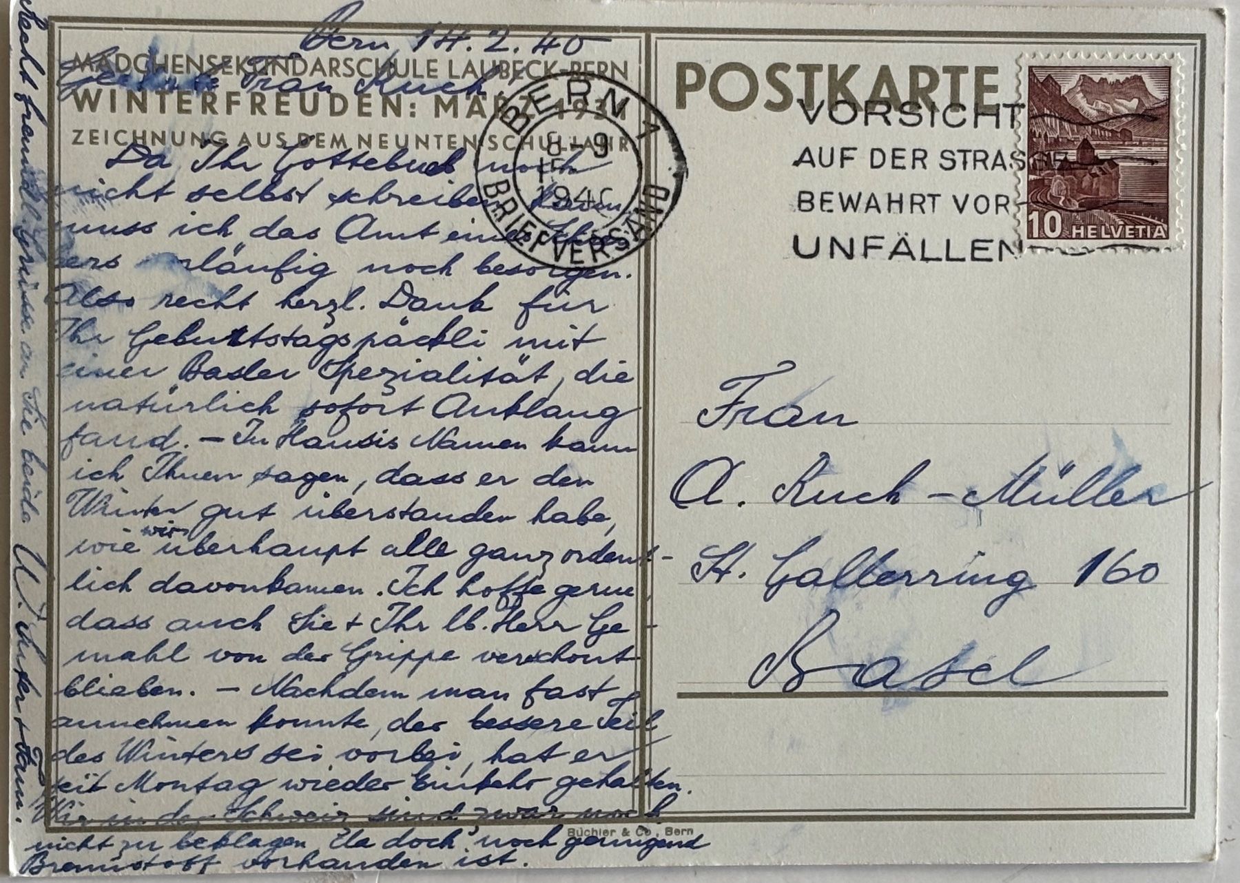 Ansichtskarten: Mädchen-Sekundarschule Laubeck, Bern, 1940 – Gebraucht aus Frauenfeld von Merk52 1