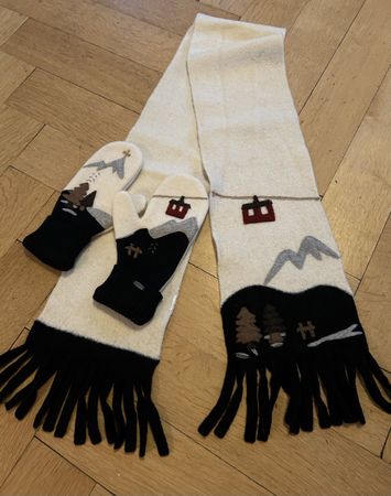 Winterset: Schal & Fäustlinge mit Bergmotiv, Wolle