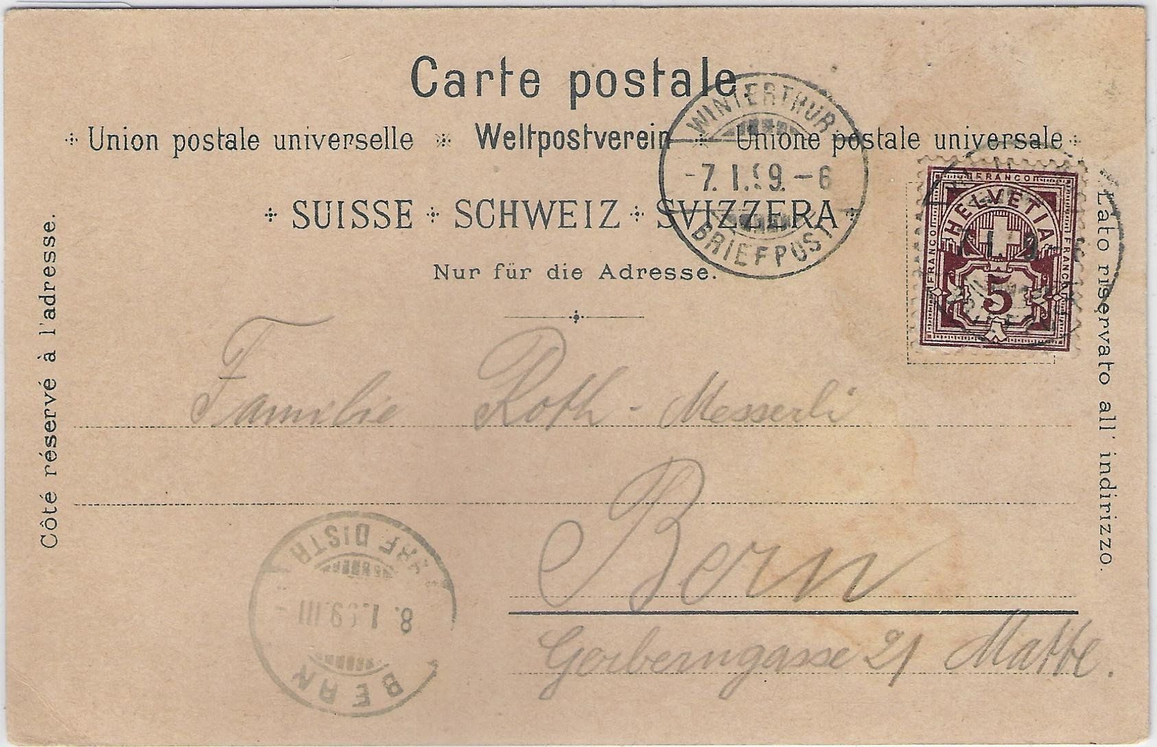 Cartoline postali: Gruss aus Winterthur - Stadthaus, Denkmal - Litho 1899 – Usato da Ettingen venduto da Kartenplanet 1